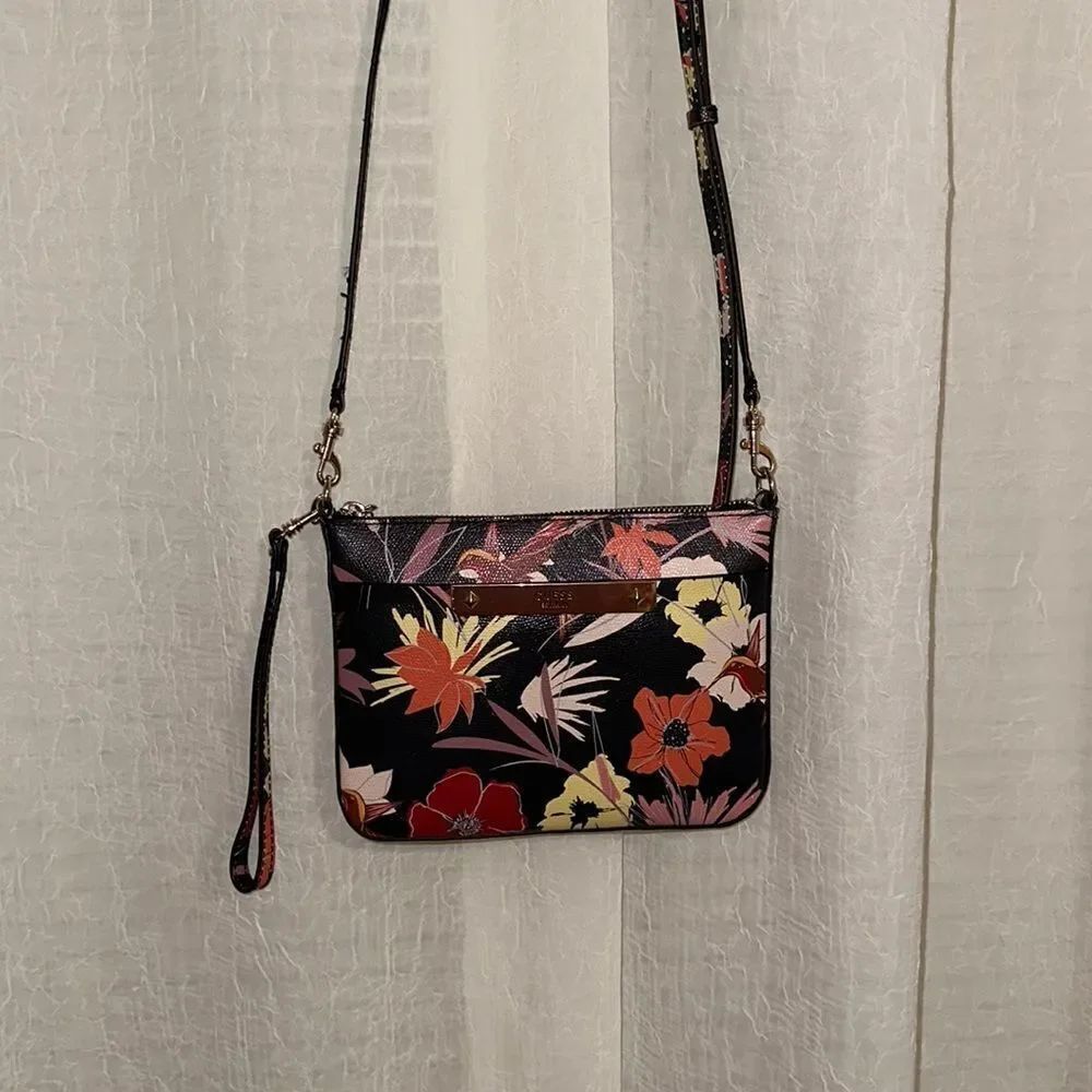 GUESS Small Black Floral Hummingbird Print Leather Crossbody Bag Purse